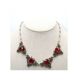 Vintage 1950s Floral Red Rhinestone Book Chain Choker Gold Tone